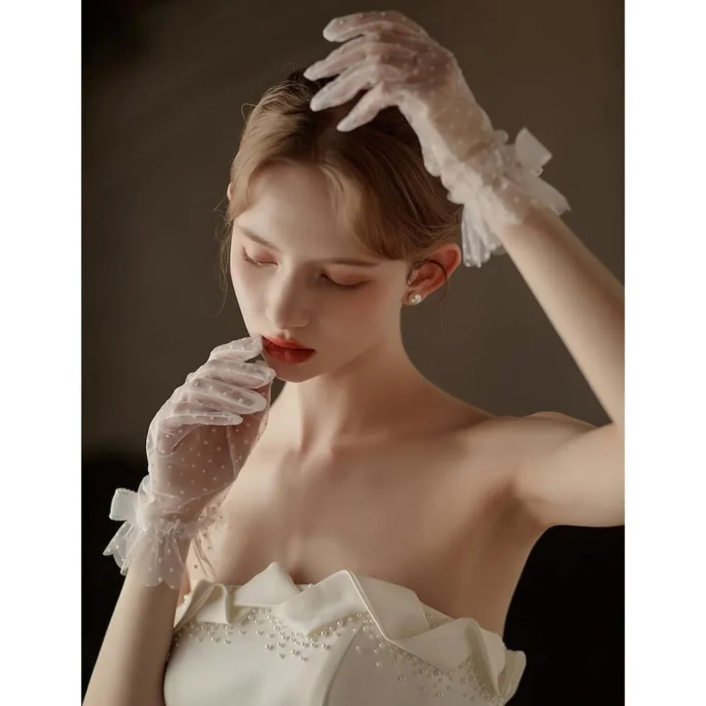 Women's Beige Short Polka Dot Lace Bow Mesh Party Wedding Bridal Gloves Prom